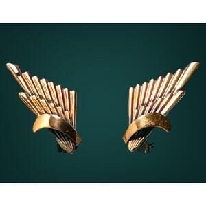 Vintage Copper Earrings Clip On Art Deco Statement Modern Wings Geometric
